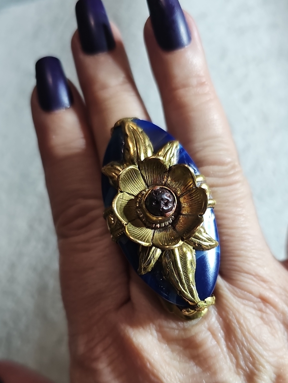 Huge Ornate Brass Lapis Colored Stone Ring